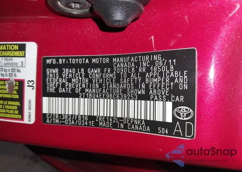 2011 Toyota Corolla Le z USA, uszkodzony, nr VIN 2T1BU4EE9BC639253